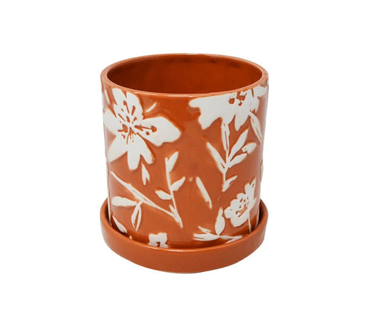 4" Orange Floral Pot with Plate - Grow & Bloom Co.